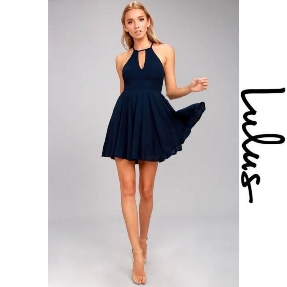 Lulus Navy Blue Keyhole Halter Dress Flared A-Line Sleeveless Back Zipper Size M - Picture 2 of 12